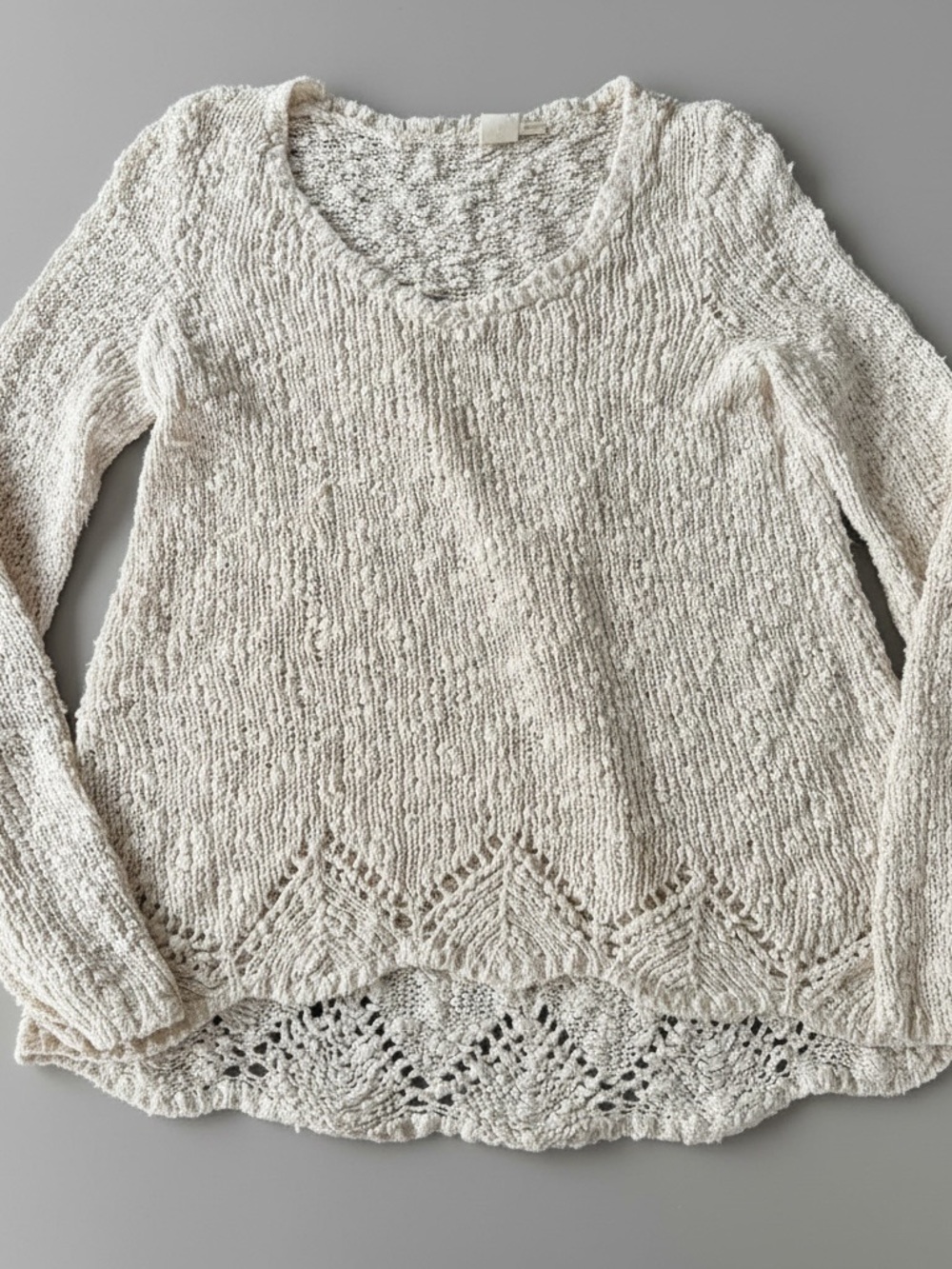 Anthropologie Yellow Bird Cream Textured Knit Sweater Crochet Hem Long Sleeve